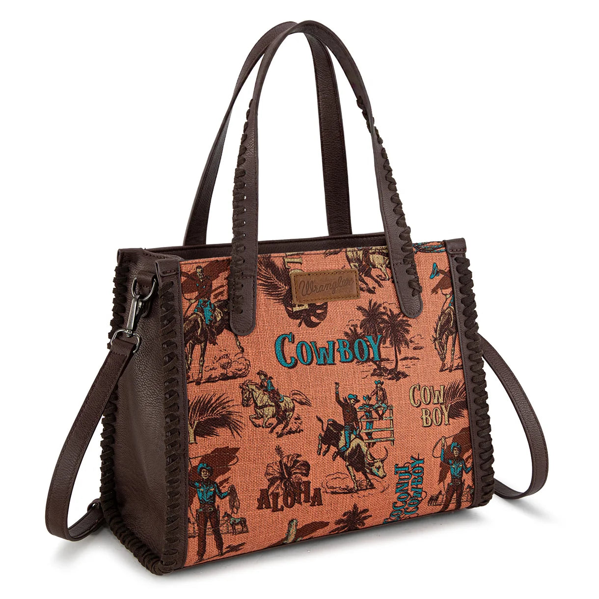 Trestles Clothing Company retro canvas cowboy satchel with Wrangler logo, whipstitch trim, and detachable strap.
